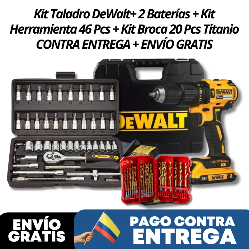 KIT Taladro DeWalt + 2 Baterías + Kit Herramienta 46 Pcs + Kit Broca 20 Pcs Titanio - CONTRA ENTREGA + ENVÍO GRATIS